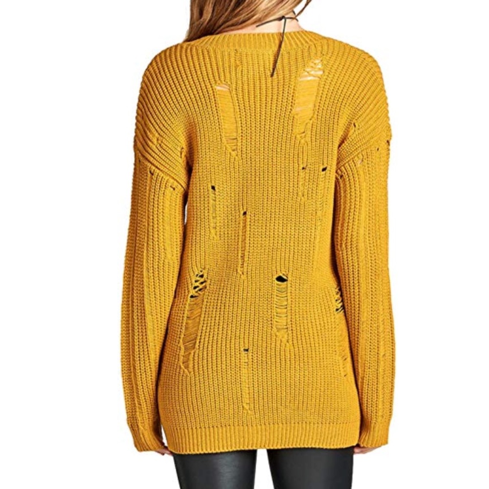 Mustard V Neck Distressed Ripped Knit Sweater - Picture 4 of 4